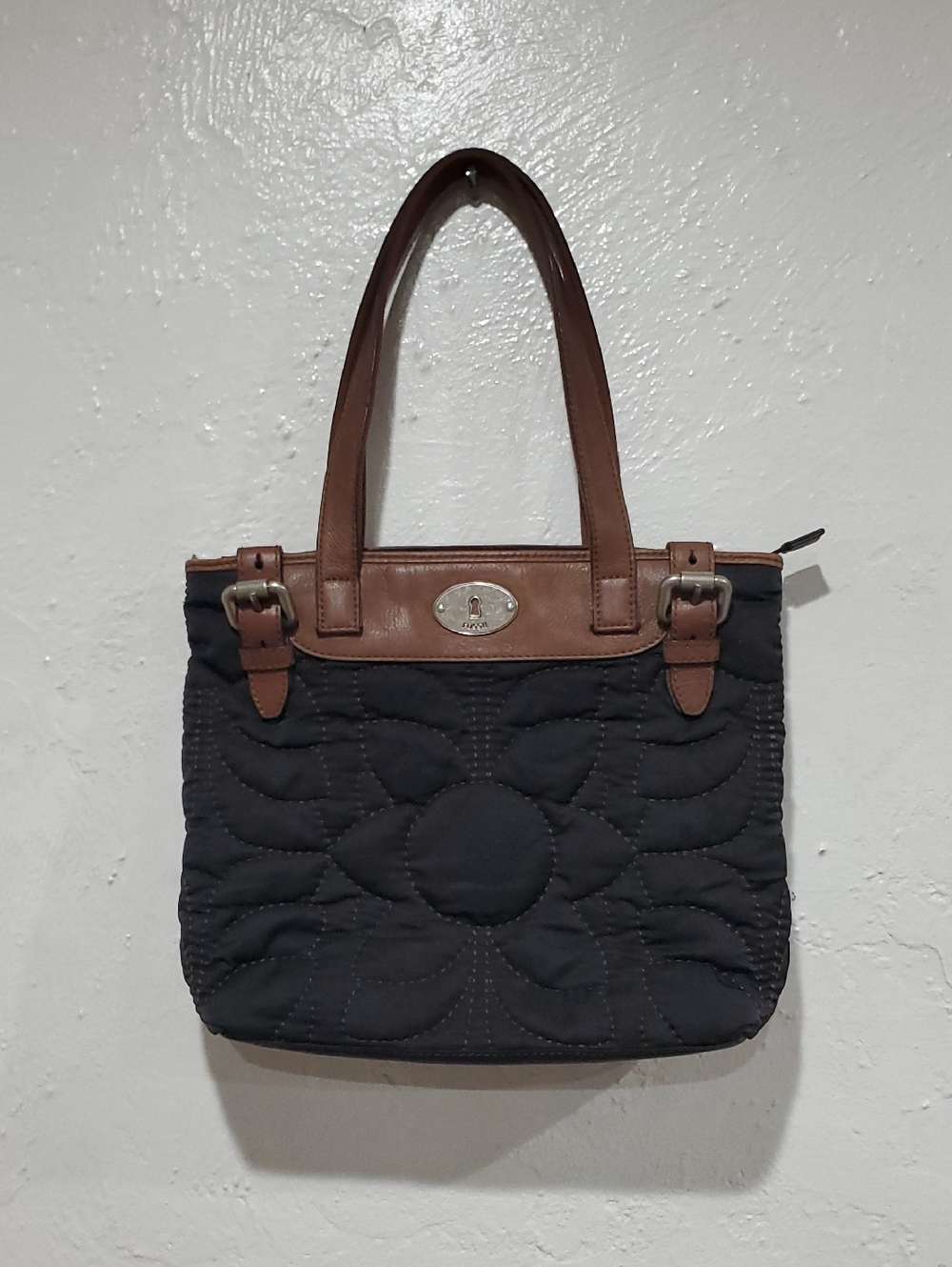 Fossil Kep-Per Quilted Black Tote Bag with Brown Leather Trim